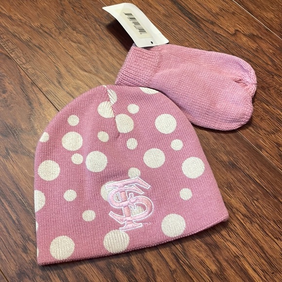 FSU beanie hat & mittens. Pink w/ polka dots Monogrammed logo, GO NOLES! - Picture 8 of 11
